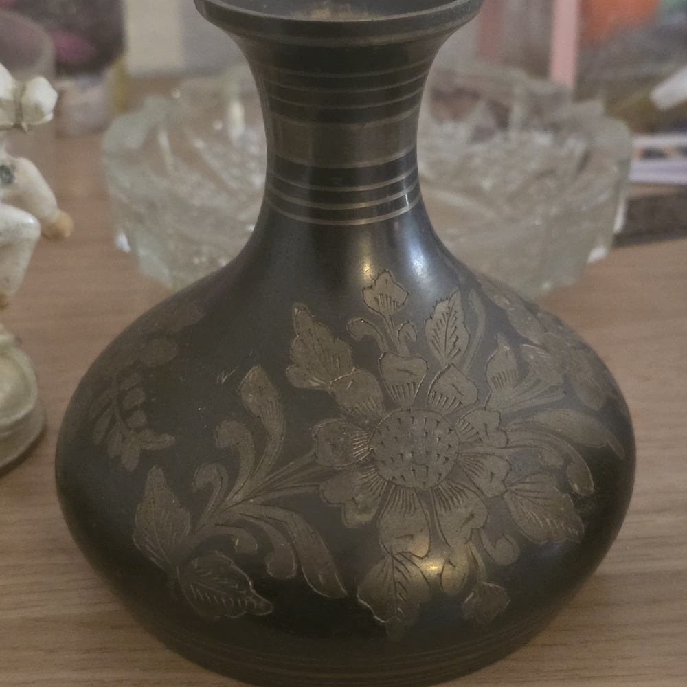 Floral Etched Black Vase